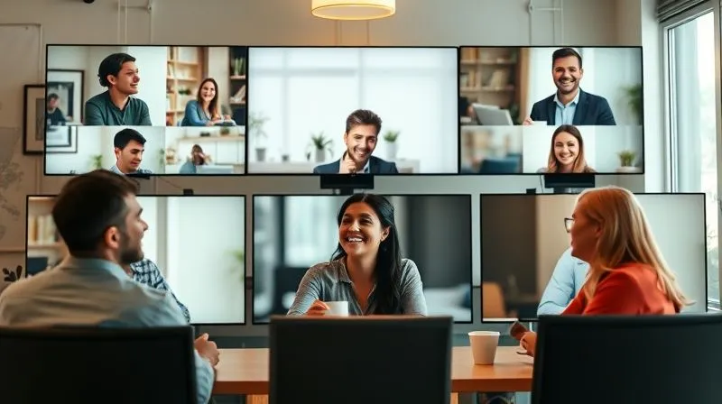 A photorealistic image of a diverse group of remote employees laughing and interacting naturally during a casual virtual coffee break, visible on multiple screens arranged artfully. The atmosphere is warm, friendly, and authentic, with soft, natural lighting. Professional photography, 8K, cinematic lighting, sharp focus on the expressions, depth of field, shot on a high-end DSLR, conveying genuine connection. A photorealistic image of a diverse group of remote employees laughing and interacting naturally during a casual virtual coffee break, visible on multiple screens arranged artfully. The atmosphere is warm, friendly, and authentic, with soft, natural lighting. Professional photography, 8K, cinematic lighting, sharp focus on the expressions, depth of field, shot on a high-end DSLR, conveying genuine connection.