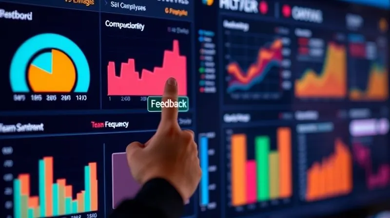 A photorealistic image of a vibrant, interactive dashboard displaying various metrics related to employee engagement, communication frequency, and team sentiment, with graphs and data points clearly visible. A hand is poised to click a 'Feedback' button. Professional photography, 8K, cinematic lighting, sharp focus on the dashboard, depth of field, shot on a high-end DSLR, symbolizing data-driven adaptation. A photorealistic image of a vibrant, interactive dashboard displaying various metrics related to employee engagement, communication frequency, and team sentiment, with graphs and data points clearly visible. A hand is poised to click a 'Feedback' button. Professional photography, 8K, cinematic lighting, sharp focus on the dashboard, depth of field, shot on a high-end DSLR, symbolizing data-driven adaptation.