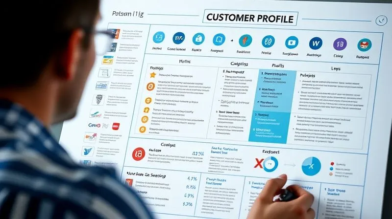Photorealistic, professional photography, 8K, cinematic lighting, sharp focus, depth of field, shot on a high-end DSLR. A detailed infographic-style blueprint with various company logos and data points, highlighting key characteristics of an 'Ideal Customer Profile' (ICP) in a structured, analytical manner, with a contrasting 'Negative Persona' section clearly marked with an 'X'. Photorealistic, professional photography, 8K, cinematic lighting, sharp focus, depth of field, shot on a high-end DSLR. A detailed infographic-style blueprint with various company logos and data points, highlighting key characteristics of an 'Ideal Customer Profile' (ICP) in a structured, analytical manner, with a contrasting 'Negative Persona' section clearly marked with an 'X'.