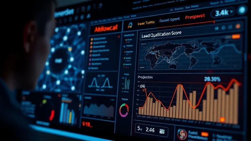 Photorealistic, professional photography, 8K, cinematic lighting, sharp focus, depth of field, shot on a high-end DSLR. A sophisticated AI interface displaying complex data visualizations, neural networks, and a clear 'Lead Qualification Score' for various prospect profiles, with glowing lines connecting different data points, symbolizing predictive analytics in action. Photorealistic, professional photography, 8K, cinematic lighting, sharp focus, depth of field, shot on a high-end DSLR. A sophisticated AI interface displaying complex data visualizations, neural networks, and a clear 'Lead Qualification Score' for various prospect profiles, with glowing lines connecting different data points, symbolizing predictive analytics in action.