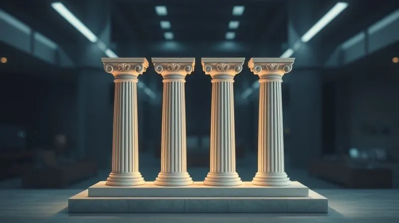 A photorealistic image of four glowing, distinct pillars standing on a solid foundation, each pillar representing a core value like 'Flexibility', 'Growth', 'Impact', and 'Belonging', with soft cinematic lighting emphasizing their strength and interconnectedness. The background is a subtly blurred, modern, minimalist remote workspace, 8K, sharp focus, depth of field, professional photography.