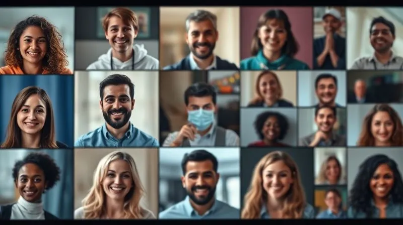 A photorealistic, professional photography, 8K, cinematic lighting, sharp focus, depth of field, shot on a high-end DSLR of diverse remote team members' faces appearing in a mosaic of video call screens, subtly glowing and interconnected by delicate, shimmering digital lines, symbolizing unity and belonging. The central focus is on genuine smiles and engaged expressions, set against a soft, warm, blurred background, evoking a sense of community.