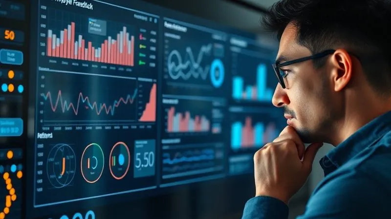 A photorealistic, professional photography, 8K, cinematic lighting, sharp focus, depth of field, shot on a high-end DSLR of a person carefully examining a complex data visualization projected onto a transparent screen, with various charts and graphs highlighting trends related to employee feedback and retention. The person's expression is thoughtful and analytical, suggesting deep insight gained from data analysis. The background is a modern, clean, and slightly blurred data center or analytical workspace.