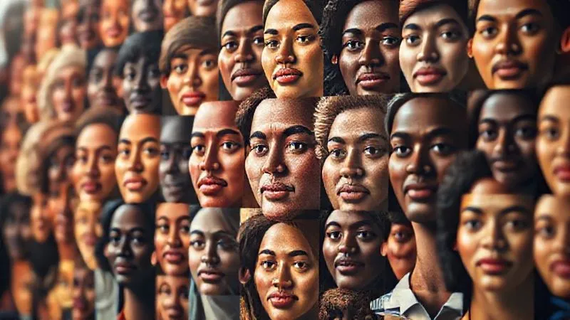 A photorealistic, professional photography, 8K, cinematic lighting, sharp focus, depth of field, shot on a high-end DSLR, depicting a mosaic of diverse faces from various ethnicities and cultures, subtly merging into a cohesive, vibrant pattern, symbolizing unity in diversity within a global corporate environment.