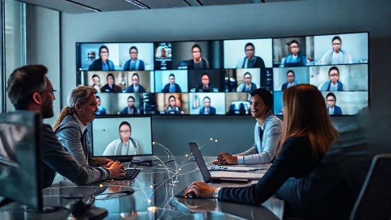 A photorealistic, professional photography, 8K, cinematic lighting, sharp focus, depth of field, shot on a high-end DSLR, showing a virtual team meeting across time zones, with diverse professionals on multiple screens, actively collaborating and smiling, connected by glowing lines of data and communication, illustrating seamless global teamwork.