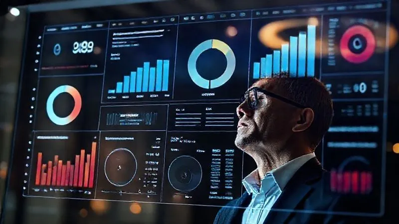 A photorealistic, professional photography, 8K, cinematic lighting, sharp focus, depth of field, shot on a high-end DSLR, featuring a sophisticated holographic dashboard displaying various HR and talent retention KPIs (e.g., turnover rates, engagement scores, promotion rates) in a dynamic, easy-to-understand visual format, with a business leader thoughtfully observing the data.