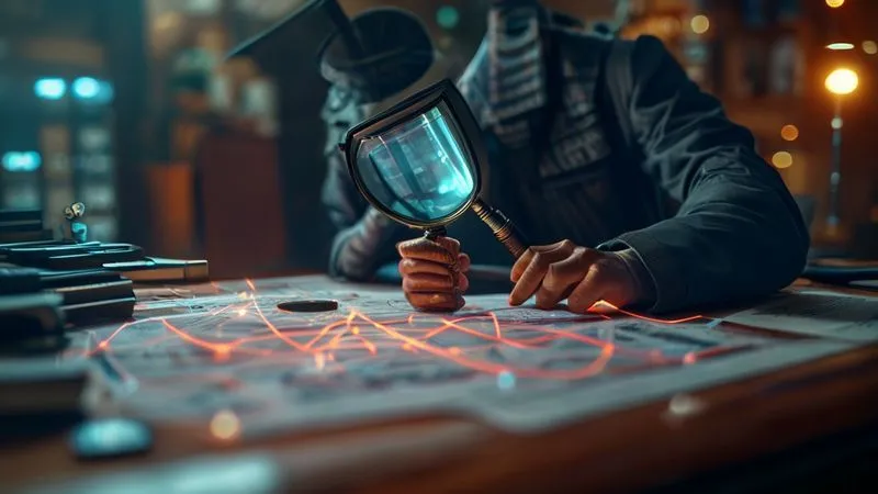 A photorealistic image of a detective's desk, with a magnifying glass over a spreadsheet, subtle glowing lines connecting different data points, emphasizing early warning signs, professional photography, 8K, cinematic lighting. A photorealistic image of a detective's desk, with a magnifying glass over a spreadsheet, subtle glowing lines connecting different data points, emphasizing early warning signs, professional photography, 8K, cinematic lighting.