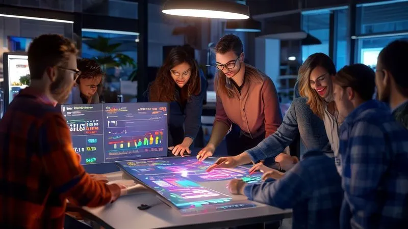A photorealistic image of a thriving, diverse team collaborating around a glowing interactive dashboard displaying positive HR metrics and declining turnover rates, conveying success and harmony, professional photography, 8K, cinematic lighting. A photorealistic image of a thriving, diverse team collaborating around a glowing interactive dashboard displaying positive HR metrics and declining turnover rates, conveying success and harmony, professional photography, 8K, cinematic lighting.