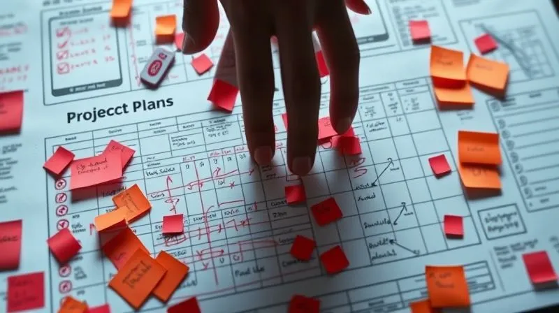 A photorealistic image depicting a project plan document with red ink marks and sticky notes accumulating excessively around its edges, symbolizing uncontrolled additions and changes. A large, shadowy hand looms over, representing the 'creep'. Cinematic lighting, sharp focus on the document, depth of field blurring the background, 8K hyper-detailed, professional photography, shot on a high-end DSLR. A photorealistic image depicting a project plan document with red ink marks and sticky notes accumulating excessively around its edges, symbolizing uncontrolled additions and changes. A large, shadowy hand looms over, representing the 'creep'. Cinematic lighting, sharp focus on the document, depth of field blurring the background, 8K hyper-detailed, professional photography, shot on a high-end DSLR.