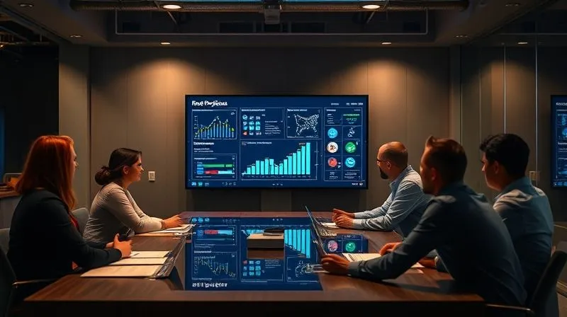 A photorealistic image of a diverse project team around a large conference table, intently focused on a digital dashboard projected onto a screen, displaying project progress and scope metrics. Lines of communication are subtly illustrated as glowing connections between team members and the dashboard. Cinematic lighting, sharp focus on the team and screen, depth of field blurring the background, 8K hyper-detailed, professional photography, shot on a high-end DSLR. A photorealistic image of a diverse project team around a large conference table, intently focused on a digital dashboard projected onto a screen, displaying project progress and scope metrics. Lines of communication are subtly illustrated as glowing connections between team members and the dashboard. Cinematic lighting, sharp focus on the team and screen, depth of field blurring the background, 8K hyper-detailed, professional photography, shot on a high-end DSLR.