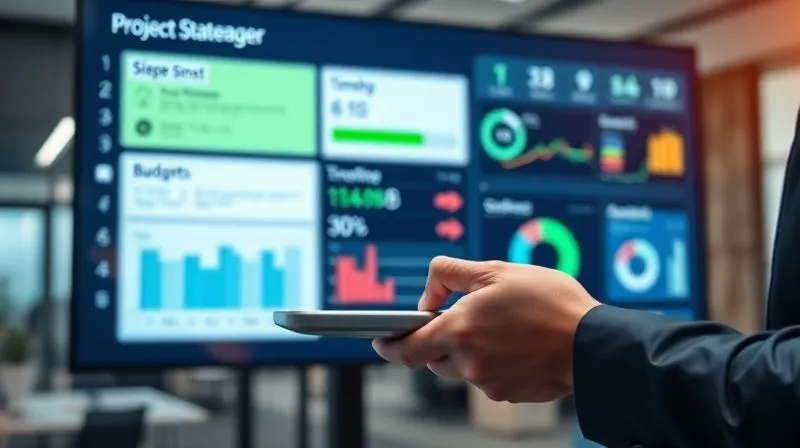 A photorealistic, highly detailed digital dashboard on a large monitor, displaying various project metrics: a clear scope statement with a 'green' status, a timeline chart with no deviations, and a budget tracker showing 'on track'. In the foreground, a project manager's hands are confidently navigating a tablet, reflecting control. Cinematic lighting, sharp focus on the screen, depth of field blurring the office background, 8K hyper-detailed, professional photography, shot on a high-end DSLR. A photorealistic, highly detailed digital dashboard on a large monitor, displaying various project metrics: a clear scope statement with a 'green' status, a timeline chart with no deviations, and a budget tracker showing 'on track'. In the foreground, a project manager's hands are confidently navigating a tablet, reflecting control. Cinematic lighting, sharp focus on the screen, depth of field blurring the office background, 8K hyper-detailed, professional photography, shot on a high-end DSLR.