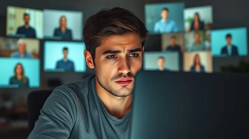 Photorealistic, professional photography, 8K, cinematic lighting, sharp focus, depth of field, shot on a high-end DSLR. A person looking stressed and overwhelmed, surrounded by multiple glowing virtual meeting windows on their computer screen, symbolizing cognitive overload and meeting fatigue. The background is a dimly lit home office.