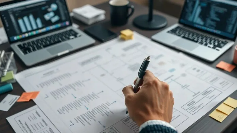 A photorealistic image of a person's hand holding a pen, marking off tasks on a detailed flowchart diagram spread across a desk, surrounded by sticky notes and a laptop displaying data. The scene is well-lit, conveying meticulous analysis and organization. 8K, cinematic lighting, sharp focus on the flowchart, depth of field, professional photography, shot on a high-end DSLR.