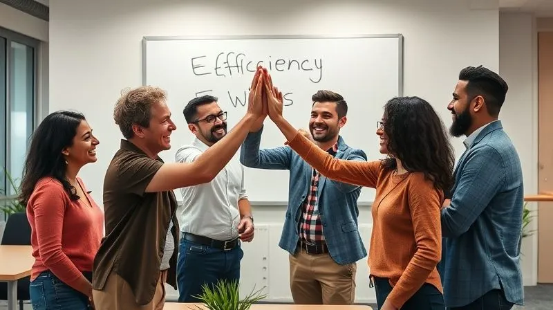 A photorealistic image of a diverse small business team celebrating a successful project completion, high-fiving and smiling in a modern, open-plan office. A whiteboard in the background shows 'Efficiency Wins' with several bullet points. The atmosphere is vibrant and positive, conveying teamwork and achievement. 8K, cinematic lighting, sharp focus on the team, depth of field, professional photography, shot on a high-end DSLR.