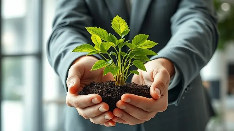 Photorealistic image of a vibrant, healthy plant with strong roots, being carefully nurtured by a pair of professional hands in a modern, minimalist office setting. The plant symbolizes a valuable employee, and the hands represent supportive leadership. Cinematic lighting, sharp focus on the plant and hands, depth of field blurring the background, 8K hyper-detailed, professional photography, shot on a high-end DSLR.