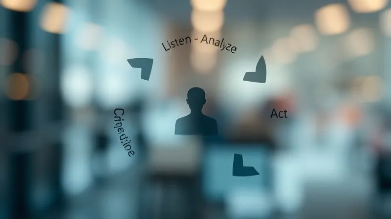 Photorealistic image of a circular diagram resembling a feedback loop, with arrows indicating continuous flow between 'Listen', 'Analyze', 'Act', and 'Communicate'. The center of the loop has a subtle human silhouette. Cinematic lighting, sharp focus, depth of field blurring the background, 8K hyper-detailed, professional photography, shot on a high-end DSLR.