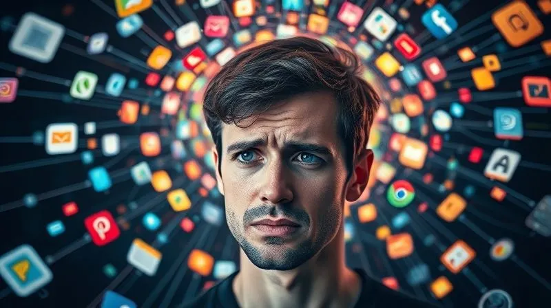 A photorealistic image showing a person's head surrounded by a chaotic, swirling vortex of disconnected digital app icons and glowing lines, symbolizing information overload and disparate tools. The person's expression is one of slight frustration or confusion. Professional photography, 8K, cinematic lighting, sharp focus on the person, depth of field blurring the background, shot on a high-end DSLR.