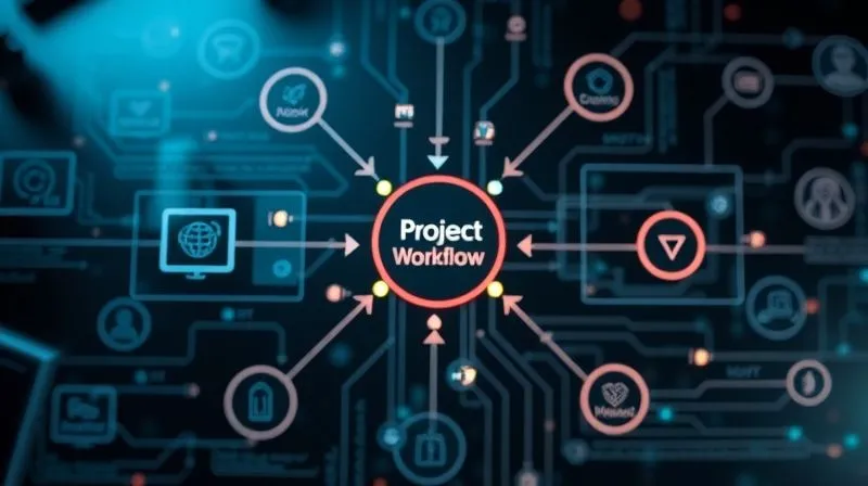 A photorealistic, top-down view of a digital workflow diagram, with arrows and nodes representing different stages of a project lifecycle. Key integration points are highlighted with glowing connections, illustrating seamless data flow between distinct but interconnected digital applications. Professional photography, 8K, cinematic lighting, sharp focus on the central flow, depth of field blurring the background, shot on a high-end DSLR.