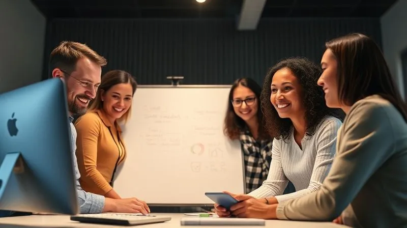 A photorealistic image of a diverse, happy remote team collaborating seamlessly on a virtual whiteboard, with a clear, uncluttered digital workspace. The team members are smiling and engaged, looking at their screens with focus and ease. Professional photography, 8K, cinematic lighting, sharp focus on the team, depth of field blurring the background, shot on a high-end DSLR. The mood is collaborative and productive.