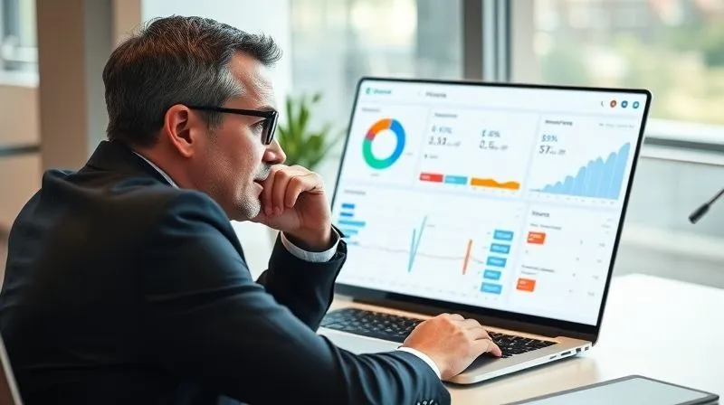 A photorealistic image of a manager at a desk, looking at a clean, intuitive HR software dashboard on a laptop. The screen displays various data visualizations for employee performance, goals, and feedback. The manager has a thoughtful but relieved expression. Cinematic lighting, sharp focus on the manager and laptop screen, depth of field, 8K hyper-detailed, professional photography, shot on a high-end DSLR.