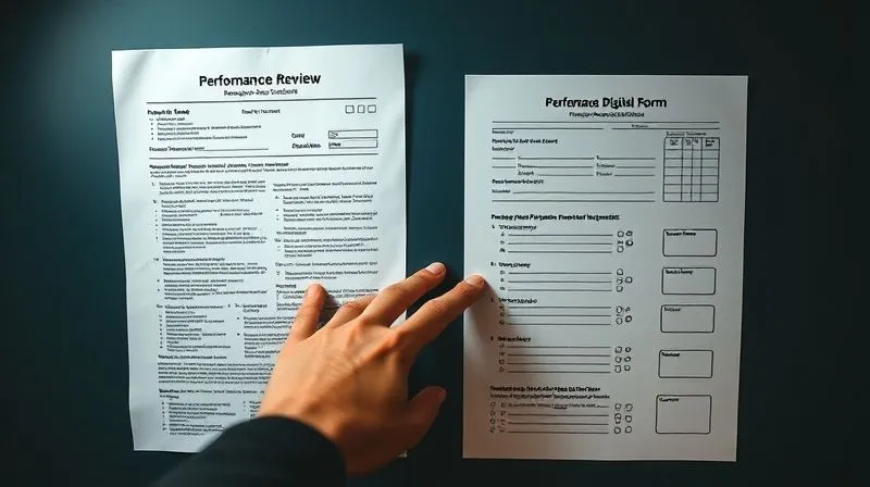 A photorealistic image showing a comparison of two forms: one on the left is a cluttered, multi-page performance review document with tiny text and many boxes; the one on the right is a clean, single-page digital form with clear sections and fewer, impactful questions. A hand is pointing from the complex form to the simple one. Cinematic lighting, sharp focus on the forms, depth of field, 8K hyper-detailed, professional photography, shot on a high-end DSLR.