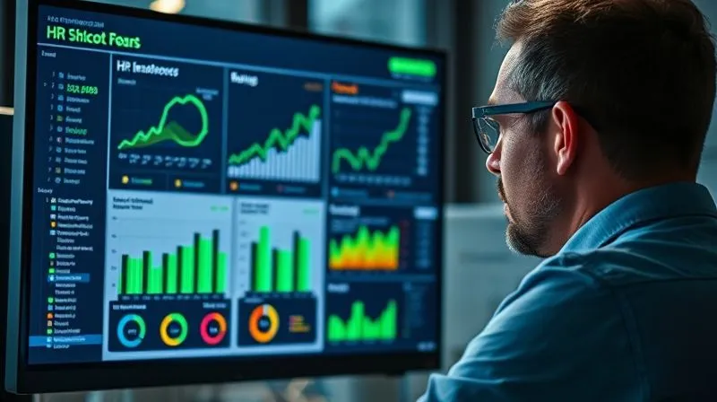 A photorealistic image of a data analyst or manager looking at a computer screen displaying a clear, professional dashboard with key performance indicators (KPIs) related to HR efficiency and employee engagement. The dashboard has green positive trends. Cinematic lighting, sharp focus on the screen, depth of field, 8K hyper-detailed, professional photography, shot on a high-end DSLR.
