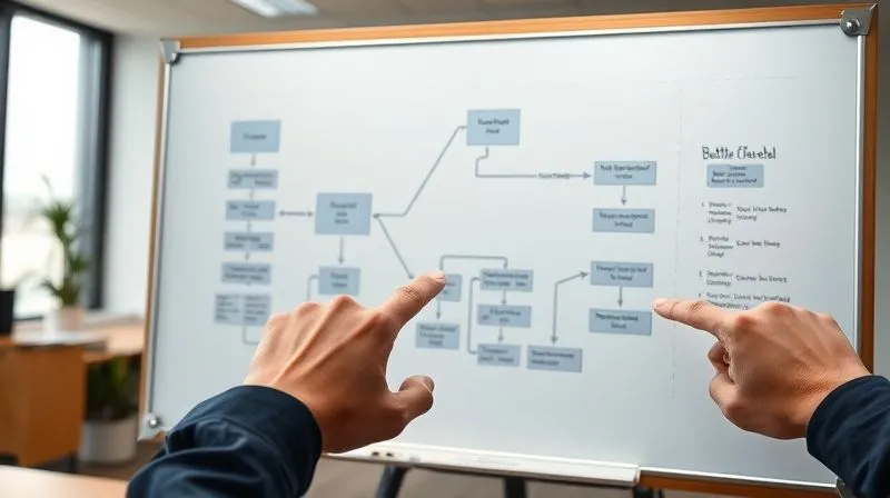 A photorealistic flowchart diagram on a whiteboard, with hands pointing to a specific bottleneck, professional office setting, 8K, cinematic lighting, sharp focus, depth of field, shot on a high-end DSLR. A photorealistic flowchart diagram on a whiteboard, with hands pointing to a specific bottleneck, professional office setting, 8K, cinematic lighting, sharp focus, depth of field, shot on a high-end DSLR.