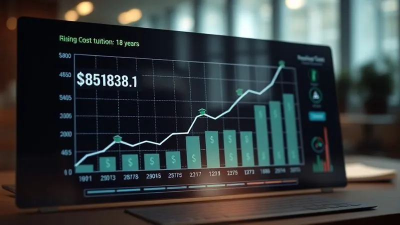 A photorealistic, professional photography, 8K, cinematic lighting, sharp focus, depth of field, shot on a high-end DSLR image showing a sophisticated digital dashboard displaying a rising cost projection graph for Ivy League tuition over the next 18 years, with dollar signs and graduation caps subtly integrated into the data visualization. The background is slightly blurred, suggesting a modern financial office setting. The overall mood is serious yet hopeful.