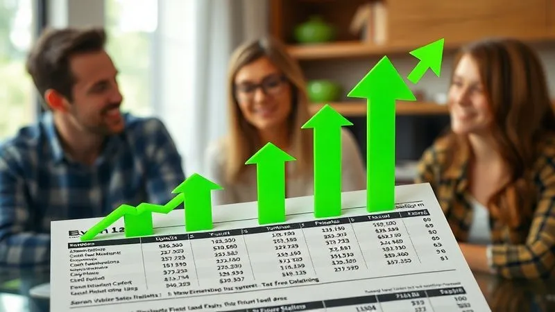 A photorealistic, professional photography, 8K, cinematic lighting, sharp focus, depth of field, shot on a high-end DSLR image showing a detailed financial statement with green upward arrows symbolizing tax-free growth, overlaid on a blurred background of a modern family discussing future plans. The image should convey clarity and financial empowerment through smart tax planning.