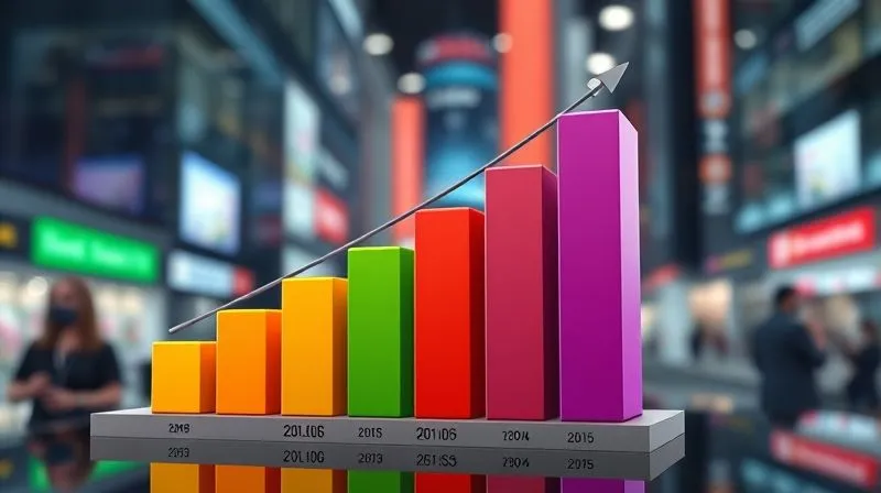 A photorealistic 3D bar chart showing escalating sales growth over five years, with different colored bars representing increasing royalty tiers. The chart is clear and professional, set against a blurred background of a bustling market, conveying dynamic growth. Cinematic lighting, sharp focus on the chart, depth of field, 8K hyper-detailed, professional photography, shot on a high-end DSLR.