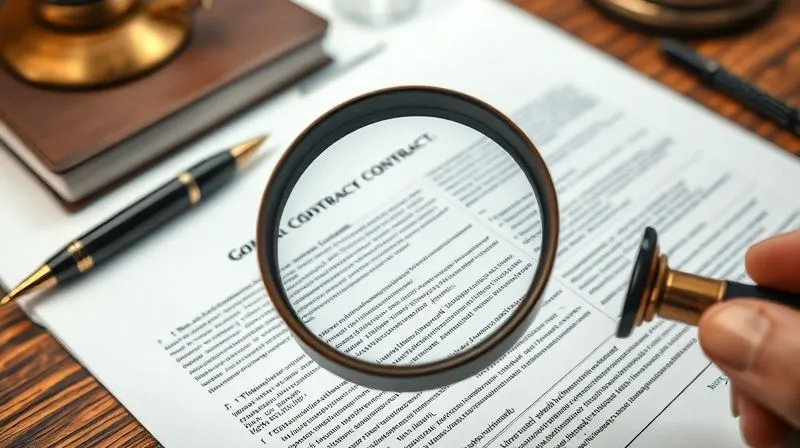 A photorealistic close-up of a vintage magnifying glass held over a complex legal contract, with specific clauses highlighted. The background is a blurred, professional office desk with a fountain pen and a leather-bound book. The image conveys scrutiny, attention to detail, and legal diligence. Cinematic lighting, sharp focus on the magnifying glass and contract, depth of field, 8K hyper-detailed, professional photography, shot on a high-end DSLR.