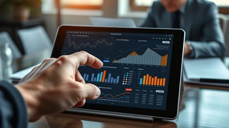 A photorealistic, professional image of a hand pointing at a complex financial dashboard on a tablet, displaying various charts and graphs related to royalty projections and revenue streams. In the background, a blurred image of a person at a desk analyzing documents. The scene conveys strategic financial analysis and decision-making. Cinematic lighting, sharp focus on the tablet, depth of field, 8K hyper-detailed, professional photography, shot on a high-end DSLR.