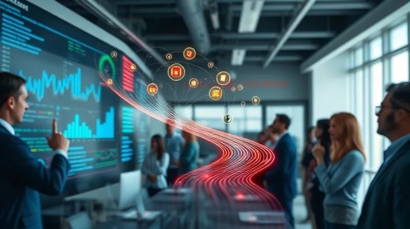 A photorealistic, professional photography, 8K, cinematic lighting, sharp focus, depth of field, shot on a high-end DSLR. A dynamic visual narrative flowing from a complex data dashboard, transforming into a clear, compelling story represented by illuminated icons and a clear path, signifying understanding and action. The background shows a bustling but organized office environment, with people nodding in comprehension.