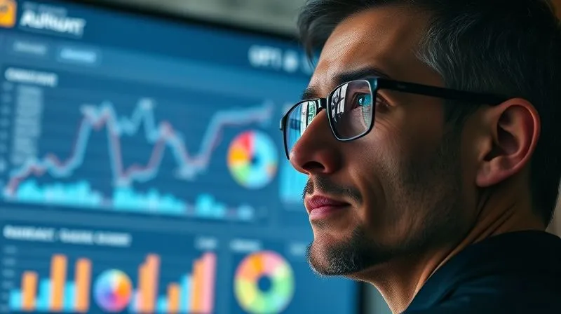 A photorealistic, professional photography, 8K, cinematic lighting, sharp focus, depth of field, shot on a high-end DSLR. A clean, modern business dashboard displaying key performance indicators (KPIs) with vibrant, intuitive charts (e.g., a line graph showing growth, a pie chart for market share, a bar chart for comparison). The screen is slightly glowing, reflecting in a contemplative business professional's eyes, suggesting clarity and strategic thinking.