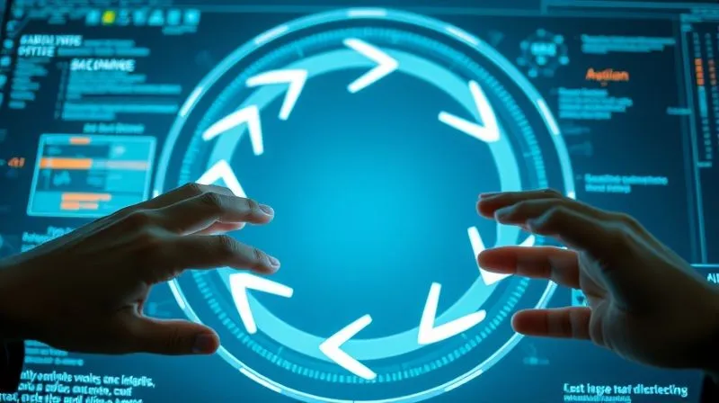 A photorealistic, professional photography, 8K, cinematic lighting, sharp focus, depth of field, shot on a high-end DSLR. A circular diagram or a flowing arrow sequence on a digital interface, illustrating a continuous feedback loop: data collection, analysis, insight generation, action, and impact measurement. Hands are reaching in to interact with different stages of the cycle, emphasizing collaboration and continuous improvement.