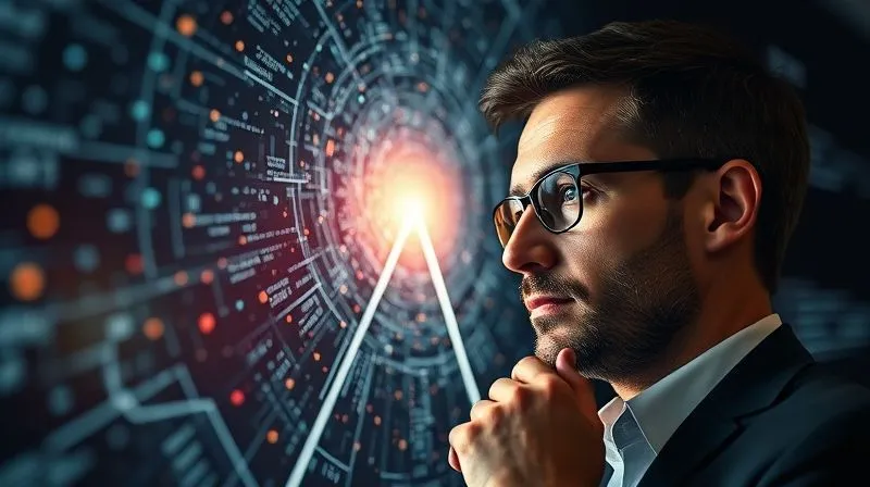 A photorealistic image of a consultant looking thoughtfully at a holographic display showing complex, swirling data points, with a clear, illuminated path emerging from the chaos, symbolizing clarity from complexity. Cinematic lighting, sharp focus on the consultant's face and the emerging path, depth of field blurring the background, 8K hyper-detailed, professional photography, shot on a high-end DSLR. A photorealistic image of a consultant looking thoughtfully at a holographic display showing complex, swirling data points, with a clear, illuminated path emerging from the chaos, symbolizing clarity from complexity. Cinematic lighting, sharp focus on the consultant's face and the emerging path, depth of field blurring the background, 8K hyper-detailed, professional photography, shot on a high-end DSLR.