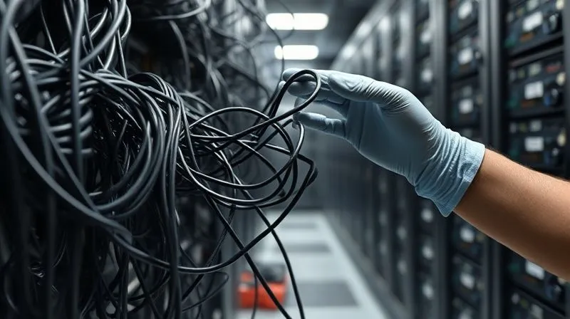 A photorealistic image of complex, tangled data cables and wires being meticulously untangled, organized, and cleaned by gloved hands, leading to a perfectly structured and labeled data server rack. Professional photography, 8K, cinematic lighting, sharp focus on the hands and organized cables, depth of field blurring the background, shot on a high-end DSLR.