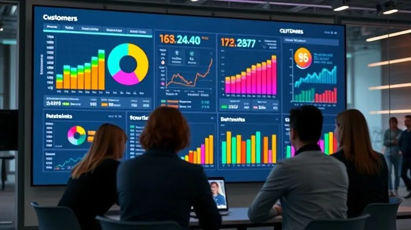 A photorealistic image of a vibrant, interactive data dashboard displayed on a large screen in a modern office, showing clear, color-coded graphs and charts illustrating customer segments and growth trends. A business team is gathered around, engaged in discussion. Professional photography, 8K, cinematic lighting, sharp focus on the dashboard, depth of field blurring the background, shot on a high-end DSLR.