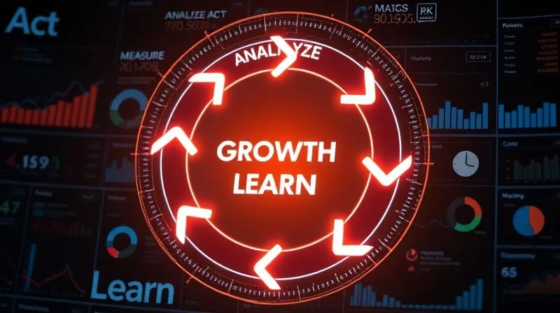 A photorealistic image of a circular growth loop diagram, with arrows indicating continuous processes of 'Analyze', 'Act', 'Measure', and 'Learn'. The loop is glowing with energy, surrounded by business metrics and customer profiles. Professional photography, 8K, cinematic lighting, sharp focus on the loop, depth of field blurring the background, shot on a high-end DSLR.