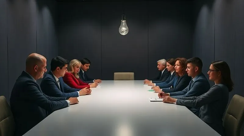 A photorealistic image of a team of diverse professionals, seated around a large, empty conference table in a dim room, their body language suggesting frustration, slumped shoulders, and blank expressions. A single, broken lightbulb hangs overhead, casting minimal light. professional photography, 8K, cinematic lighting, sharp focus on the team's faces, depth of field blurring the background, shot on a high-end DSLR.