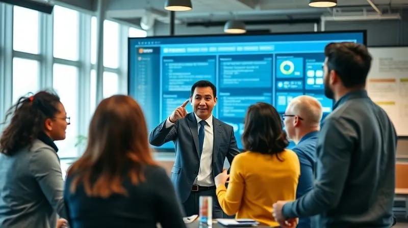 A photorealistic image of a supportive leader, gently guiding a diverse team through a complex problem on a large interactive screen. The leader is pointing to a solution with an encouraging expression, while team members are actively engaged, contributing ideas. The setting is a modern, collaborative workspace. professional photography, 8K, cinematic lighting, sharp focus on the leader and team interaction, depth of field blurring the background, shot on a high-end DSLR.