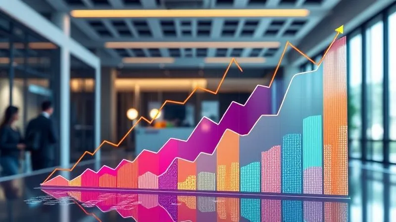 A photorealistic image of a vibrant, colorful infographic displaying upward-trending data graphs and charts, representing continuous growth and innovation. The design is clean and modern, with subtle animations suggesting movement and progress. professional photography, 8K, cinematic lighting, sharp focus on the data visualization, depth of field blurring a background of a modern office, shot on a high-end DSLR.