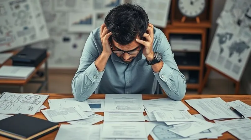 A photorealistic image of a person sitting at a desk, head in hands, surrounded by scattered notes and complex diagrams, representing mental stagnation and information overload. Soft, diffused light highlights their frustrated expression. Professional photography, 8K, cinematic lighting, sharp focus on the person, depth of field blurring the background, shot on a high-end DSLR. A photorealistic image of a person sitting at a desk, head in hands, surrounded by scattered notes and complex diagrams, representing mental stagnation and information overload. Soft, diffused light highlights their frustrated expression. Professional photography, 8K, cinematic lighting, sharp focus on the person, depth of field blurring the background, shot on a high-end DSLR.