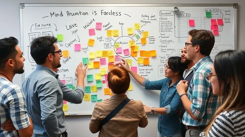 A photorealistic image of a diverse group of entrepreneurs enthusiastically brainstorming around a whiteboard filled with colorful sticky notes and mind maps. Energy and collaboration are evident, with some pointing to ideas, and others sketching. Professional photography, 8K, cinematic lighting, sharp focus on the group and whiteboard, depth of field blurring the background, shot on a high-end DSLR. A photorealistic image of a diverse group of entrepreneurs enthusiastically brainstorming around a whiteboard filled with colorful sticky notes and mind maps. Energy and collaboration are evident, with some pointing to ideas, and others sketching. Professional photography, 8K, cinematic lighting, sharp focus on the group and whiteboard, depth of field blurring the background, shot on a high-end DSLR.