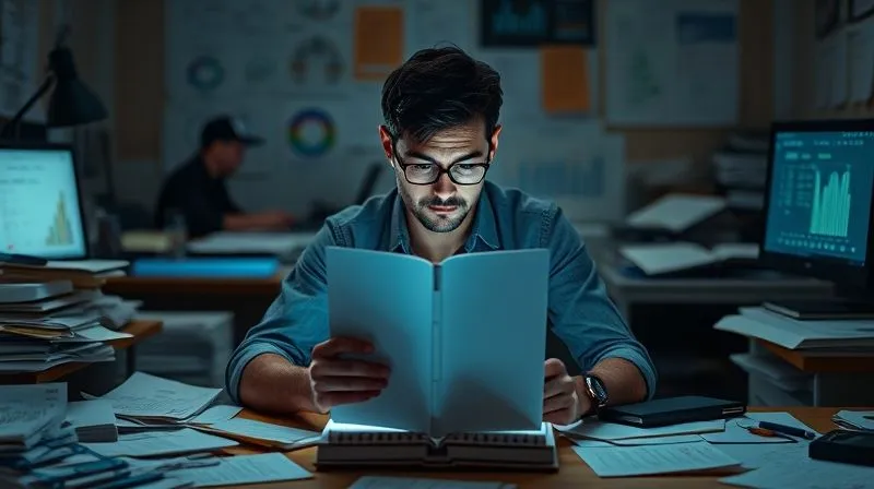 A photorealistic image of a person sitting at a desk overflowing with papers, screens, and data, looking overwhelmed and thoughtful, with a single clear light source illuminating a blank notebook in front of them. Professional photography, 8K, cinematic lighting, sharp focus on the person's contemplative expression, depth of field blurring the cluttered background, shot on a high-end DSLR.