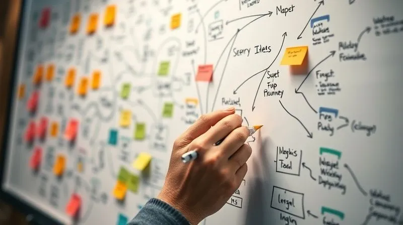 A photorealistic close-up of hands sketching rapidly on a whiteboard filled with interconnected ideas and user journey maps, with colorful sticky notes around, illuminated by soft, focused light. Professional photography, 8K, cinematic lighting, sharp focus on the sketching hands and whiteboard details, depth of field blurring the background, shot on a high-end DSLR.