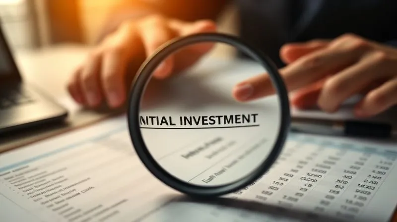 photorealistic, professional photography, 8K, cinematic lighting, sharp focus, depth of field, shot on a high-end DSLR, a magnifying glass meticulously examining a financial ledger, highlighting a line item for 'initial investment', with blurred hands pointing to potential hidden costs in the background, a professional setting, warm, focused light.