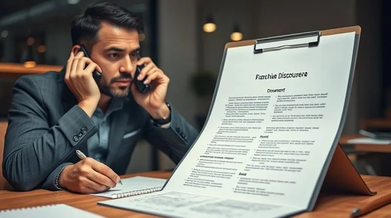 photorealistic, professional photography, 8K, cinematic lighting, sharp focus, depth of field, shot on a high-end DSLR, a person on a phone call, looking thoughtfully at a Franchise Disclosure Document open on a desk, a notepad with handwritten notes about financial figures, a focused, professional atmosphere, subtle hints of concern on the person's face, warm, directional lighting.