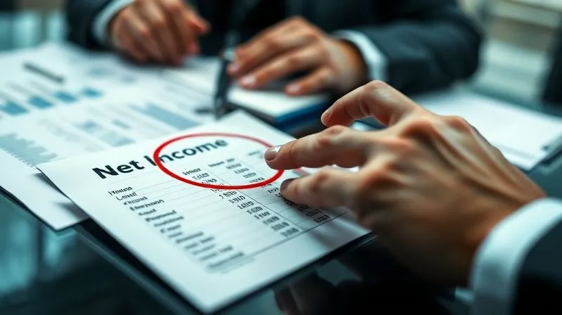 photorealistic, professional photography, 8K, cinematic lighting, sharp focus, depth of field, shot on a high-end DSLR, a hand pointing to a line on an income statement showing 'Net Income', with a red circle drawn around a low or negative number, other financial documents blurred in the background, conveying a sense of financial scrutiny and potential warning, professional office environment.