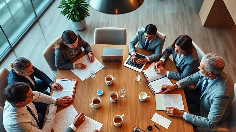 A photorealistic, professional photography shot from above of a diverse M&A due diligence team, including legal, financial, and environmental experts, collaborating around a large conference table filled with documents, laptops, and coffee cups. Cinematic lighting highlights their focused expressions and the intensity of their work, sharp focus on the team, depth of field blurring the background, 8K hyper-detailed, shot on a high-end DSLR. A photorealistic, professional photography shot from above of a diverse M&A due diligence team, including legal, financial, and environmental experts, collaborating around a large conference table filled with documents, laptops, and coffee cups. Cinematic lighting highlights their focused expressions and the intensity of their work, sharp focus on the team, depth of field blurring the background, 8K hyper-detailed, shot on a high-end DSLR.